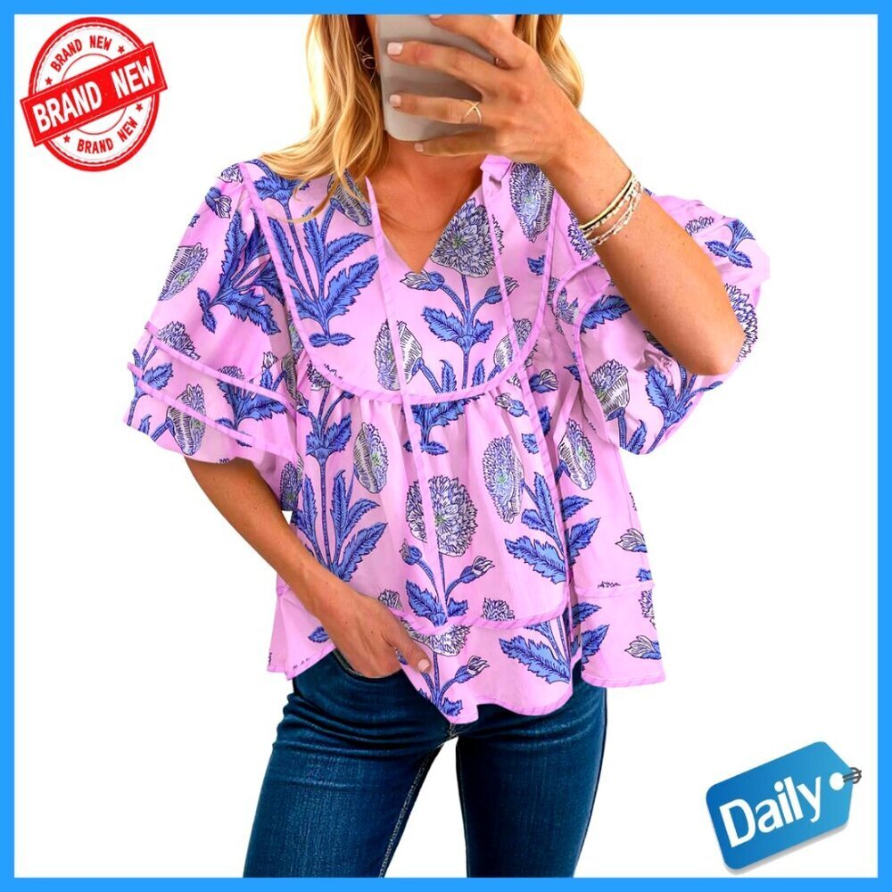 Women's Floral Babydoll Top V-Neck Lantern Sleeve Loose Fit Blouse